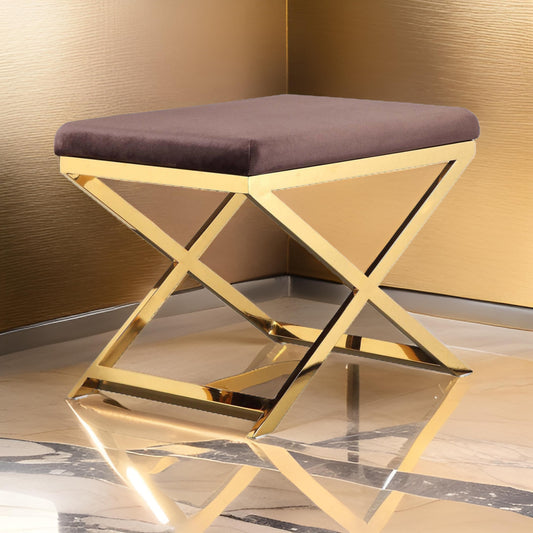 Sovi 20 Inch Ottoman Stool, Chocolate Brown Velvet, Stainless Steel, Gold By Casagear Home