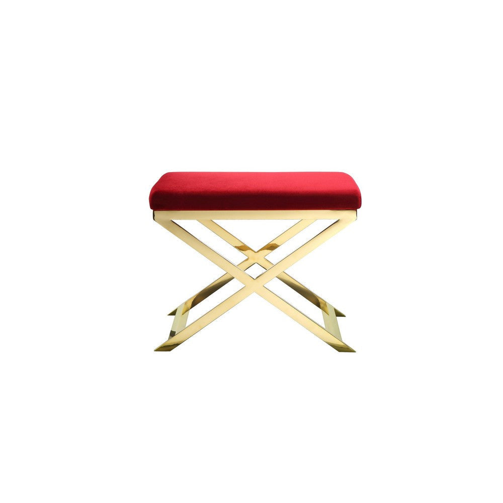 Sovi 20 Inch Ottoman Stool Maroon Velvet Seat Stainless Steel Frame Gold By Casagear Home BM317100