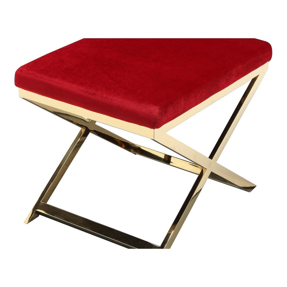 Sovi 20 Inch Ottoman Stool Maroon Velvet Seat Stainless Steel Frame Gold By Casagear Home BM317100