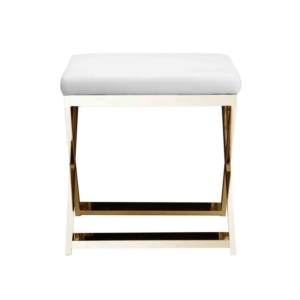 Sovi 20 Inch Ottoman Stool White Faux Leather Seat Stainless Steel Frame Gold By Casagear Home BM317101