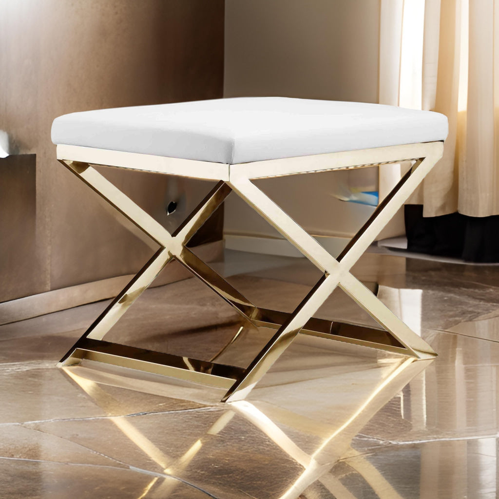 Sovi 20 Inch Ottoman Stool White Faux Leather Seat Stainless Steel Frame Gold By Casagear Home BM317101