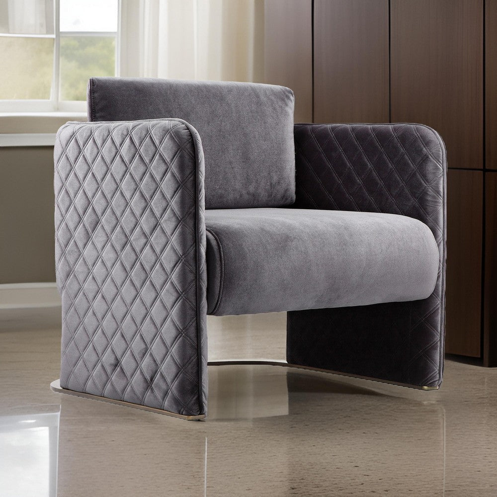 Usso 29 Inch Lounge Chair, Gray Velvet, Diamond Quilted Design, Metal Frame By Casagear Home