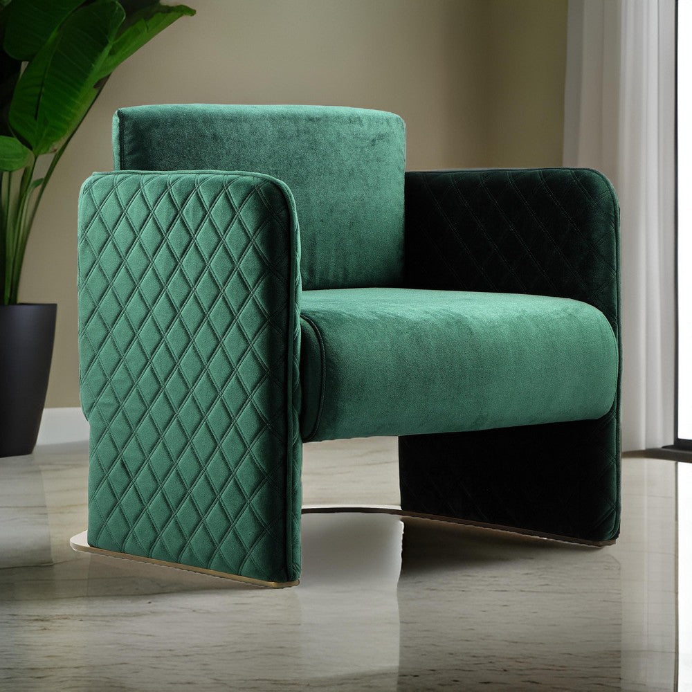 Usso 29 Inch Lounge Chair, Green Velvet, Diamond Quilted Design, Metal By Casagear Home