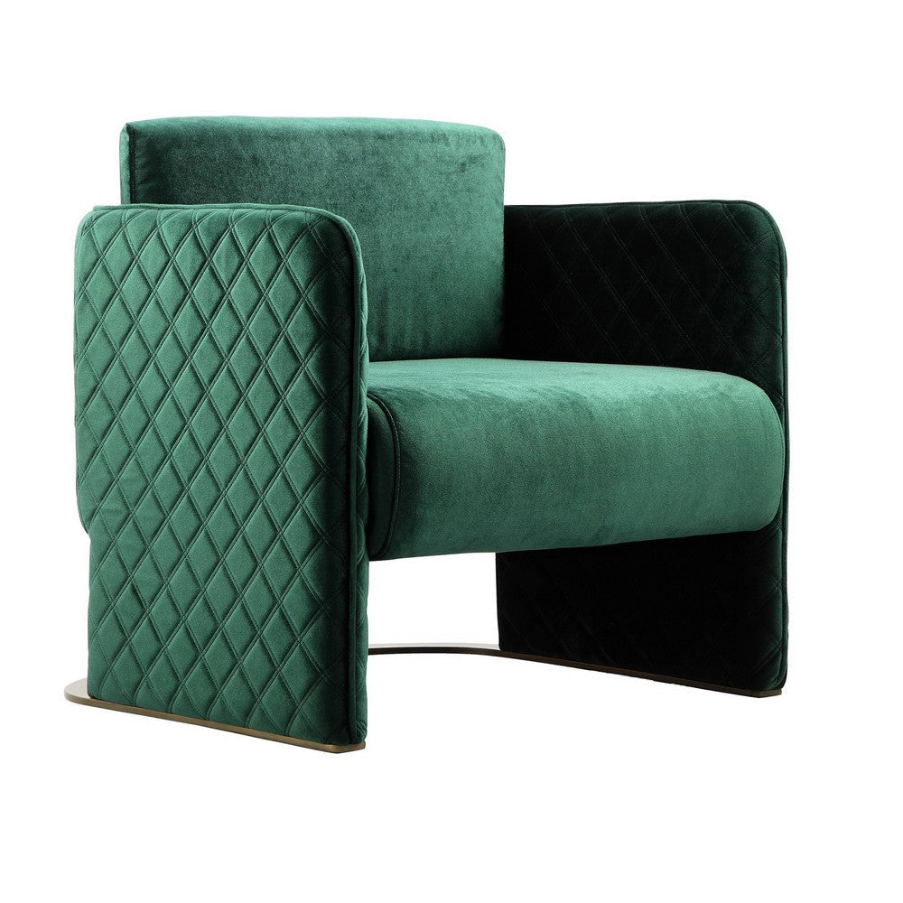 Usso 29 Inch Lounge Chair Green Velvet Diamond Quilted Design Metal By Casagear Home BM317103