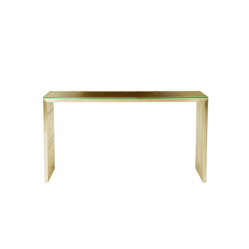 Meza 47 Inch Console Table Waterfall Design Tempered Glass Gold Finish By Casagear Home BM317105