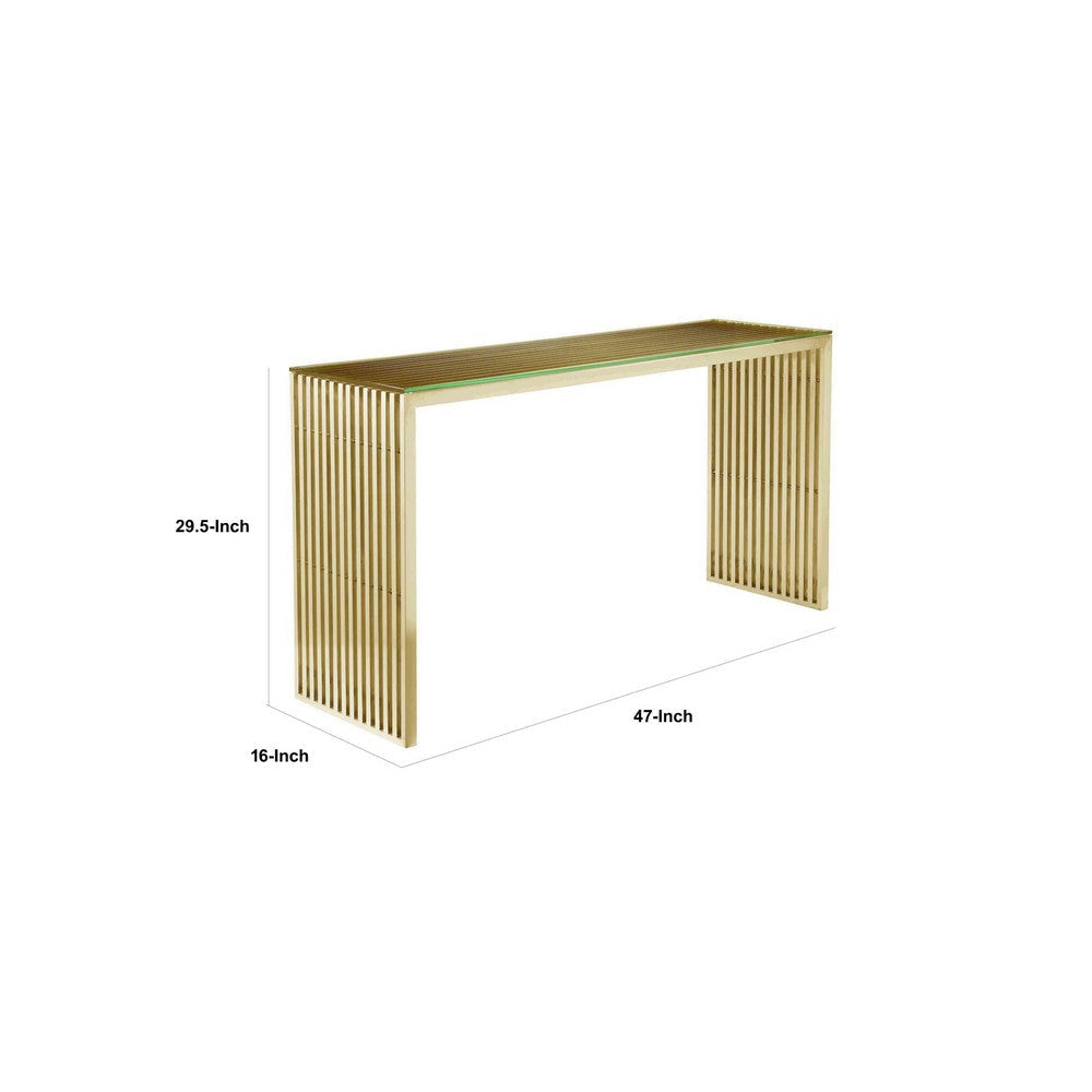 Meza 47 Inch Console Table Waterfall Design Tempered Glass Gold Finish By Casagear Home BM317105