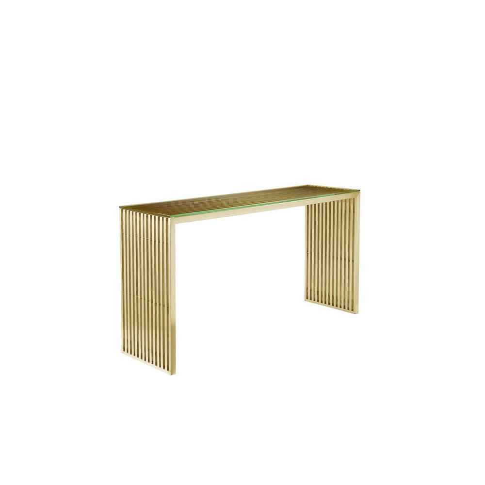 Meza 47 Inch Console Table, Waterfall Design, Tempered Glass, Gold Finish By Casagear Home