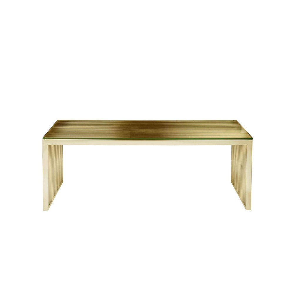 Meza 47 Inch Coffee Table Tempered Glass Waterfall Design Gold Steel By Casagear Home BM317106