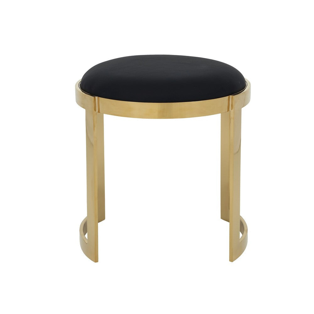 Niyo 19 Inch Ottoman Stool Round Black Faux Leather Stainless Steel Gold By Casagear Home BM317111