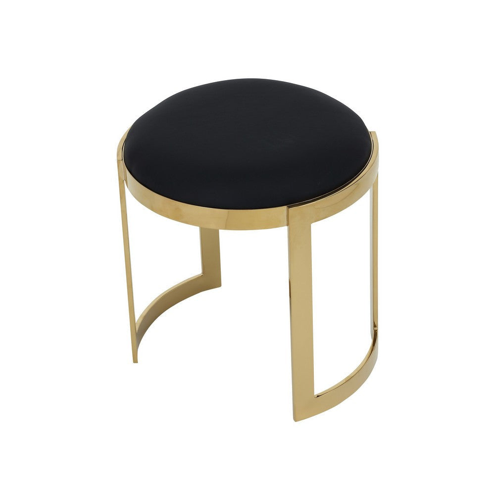 Niyo 19 Inch Ottoman Stool Round Black Faux Leather Stainless Steel Gold By Casagear Home BM317111