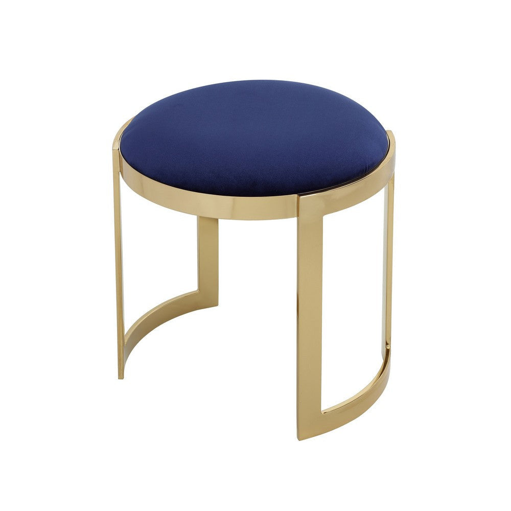 Niyo 19 Inch Ottoman Stool Round Navy Blue Velvet Gold Stainless Steel By Casagear Home BM317112