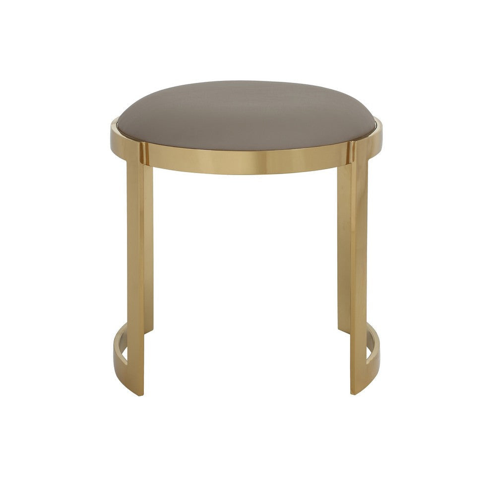 Niyo 19 Inch Ottoman Stool Round Sand Faux Leather Stainless Steel Gold By Casagear Home BM317113