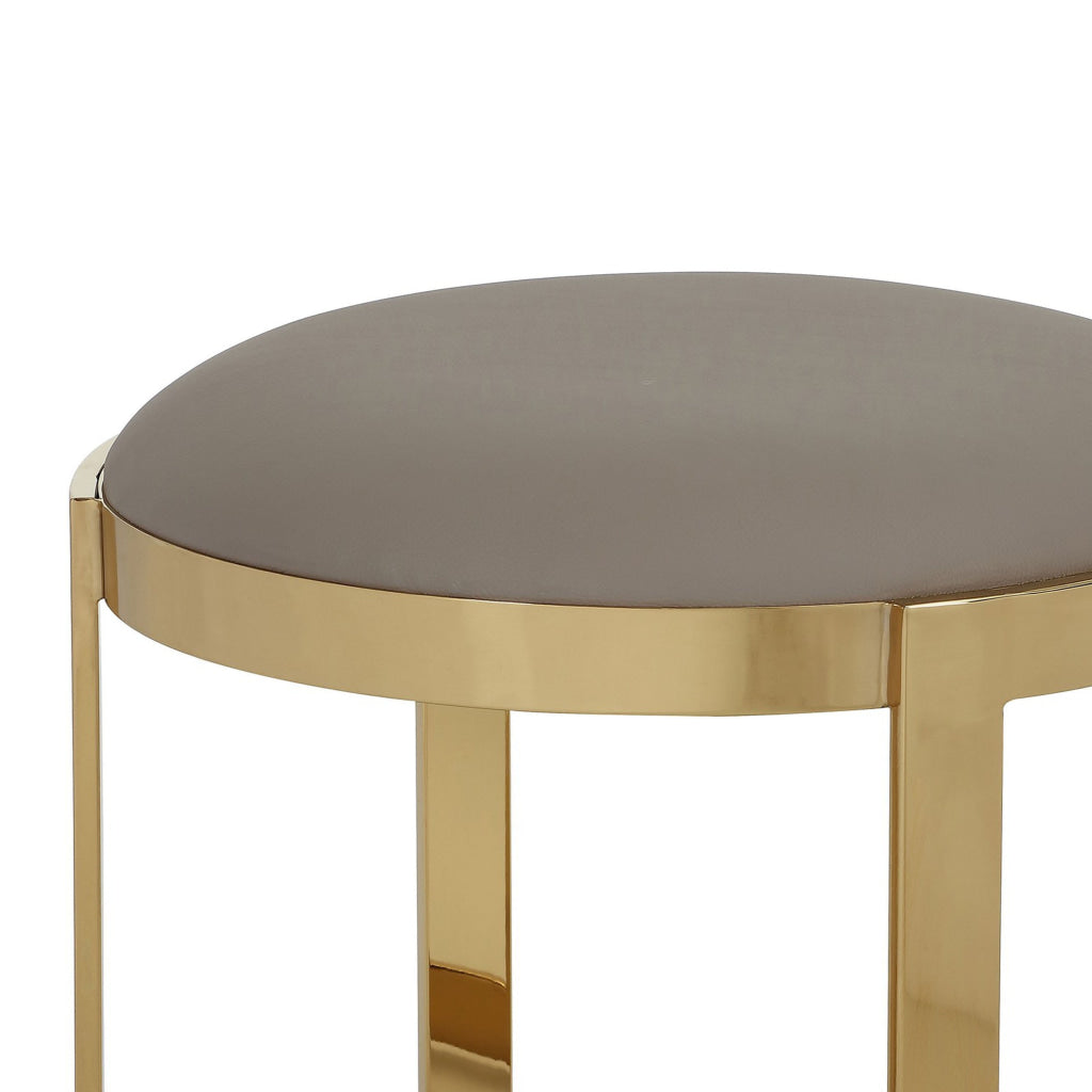 Niyo 19 Inch Ottoman Stool Round Sand Faux Leather Stainless Steel Gold By Casagear Home BM317113