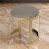 Niyo 19 Inch Ottoman Stool Round Sand Faux Leather Stainless Steel Gold By Casagear Home BM317113