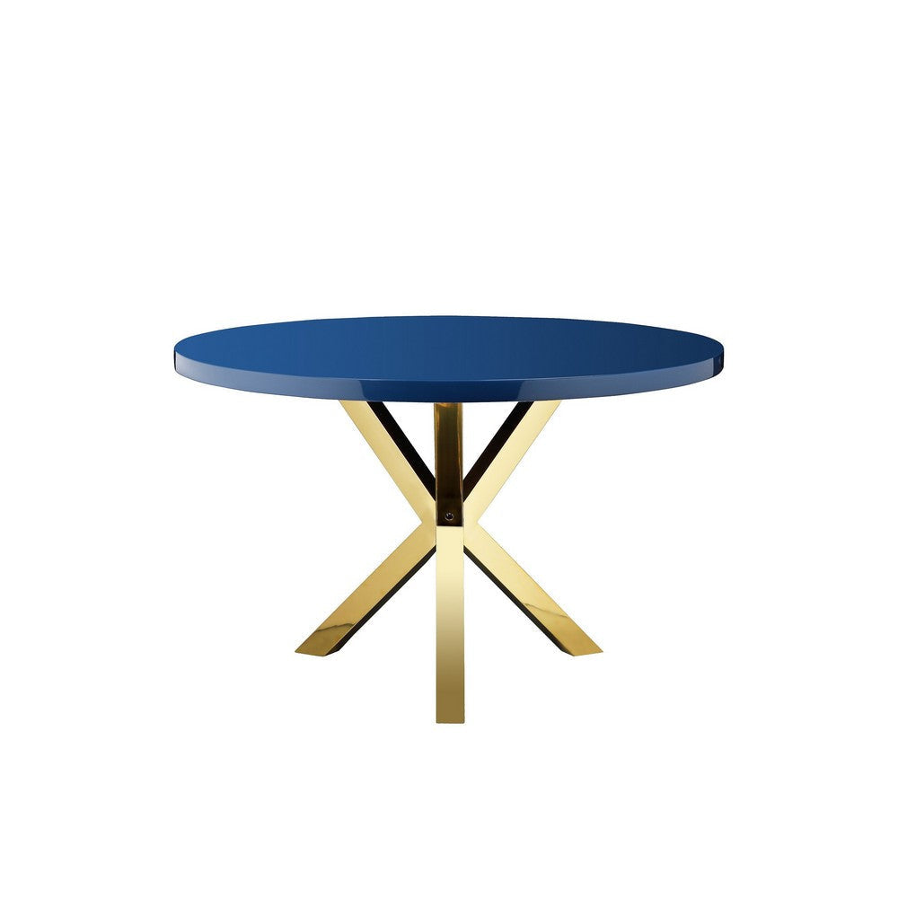 Emi 47 Inch Dining Table Round Navy Blue Lacquer Top X Twisted Gold Legs By Casagear Home BM317114