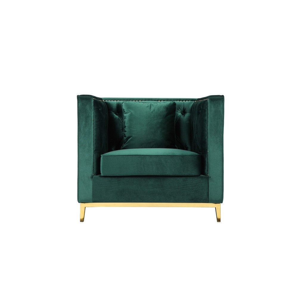 Vien 36 Inch Accent Chair Green Tufted Velvet Gold Polished Steel Legs By Casagear Home BM317118