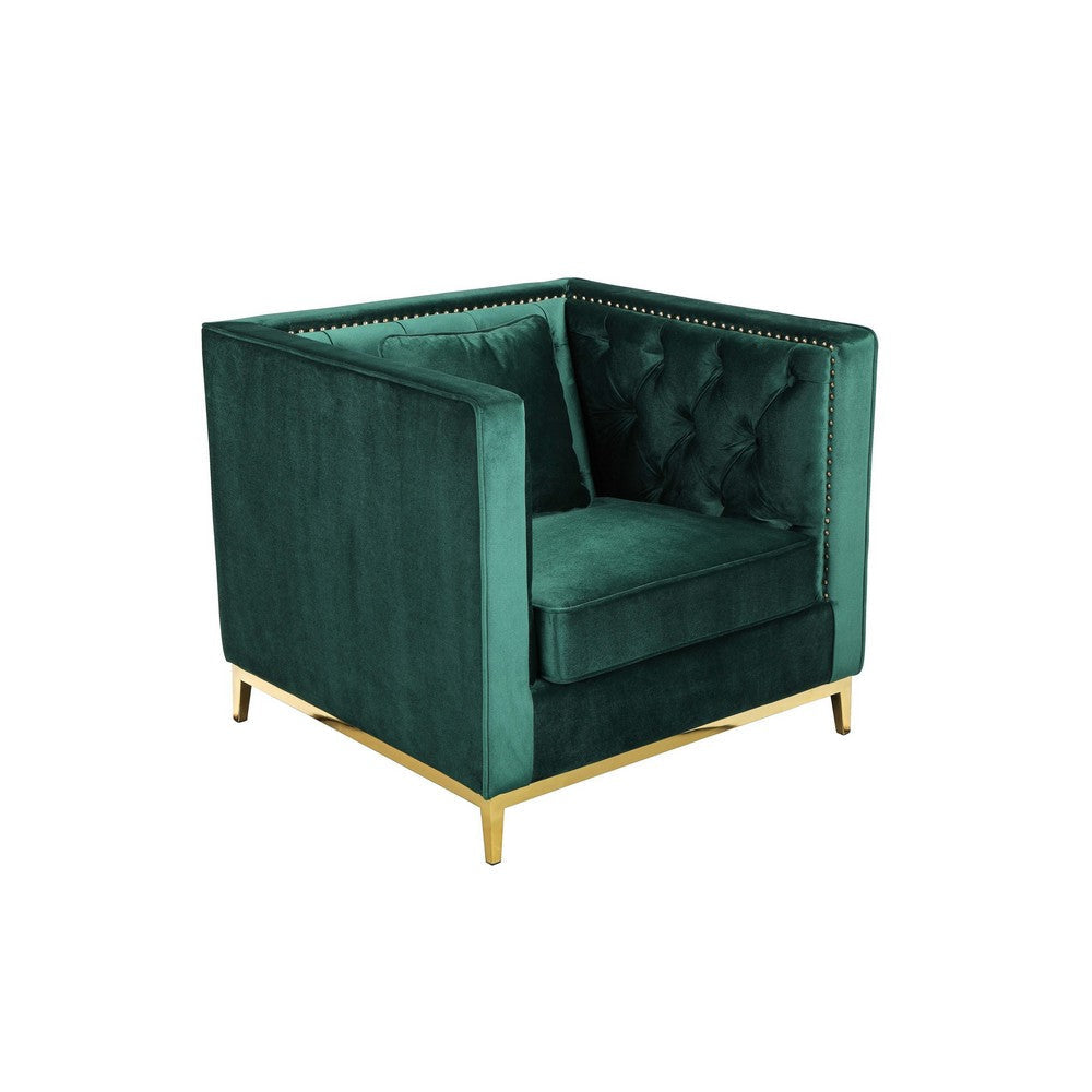 Vien 36 Inch Accent Chair, Green Tufted Velvet, Gold Polished Steel Legs By Casagear Home