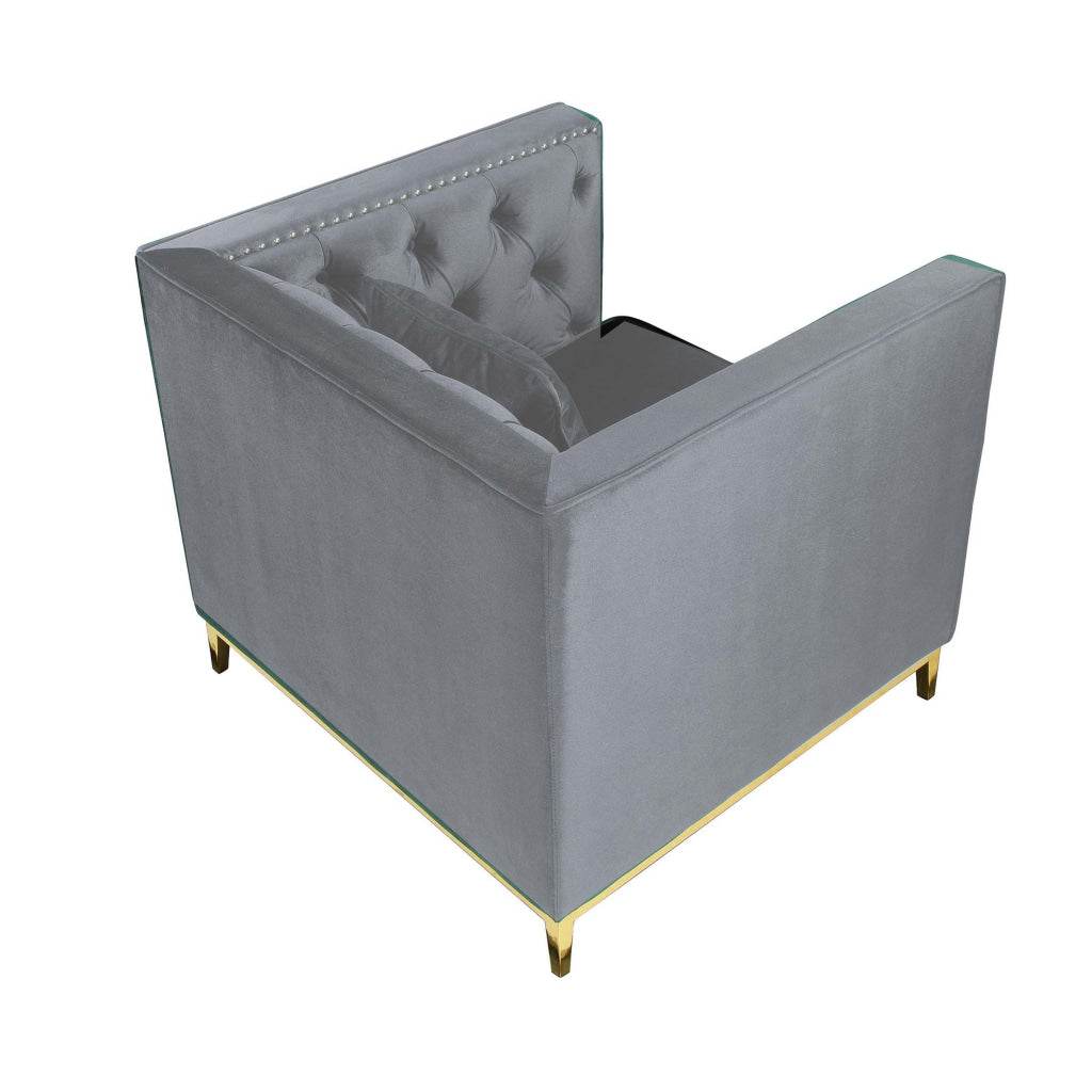 Vien 36 Inch Accent Chair Gray Tufted Velvet Gold Polished Steel Legs By Casagear Home BM317119