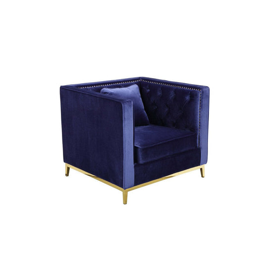 Vien 36 Inch Accent Chair, Navy Tufted Velvet, Gold Polished Steel Legs By Casagear Home