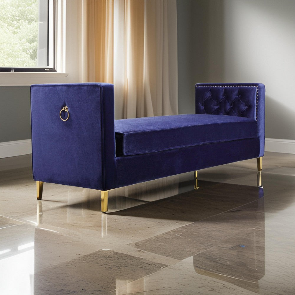 Vien 71 Inch Accent Bench Navy Tufted Velvet Nailhead Gold Polished Steel By Casagear Home BM317123