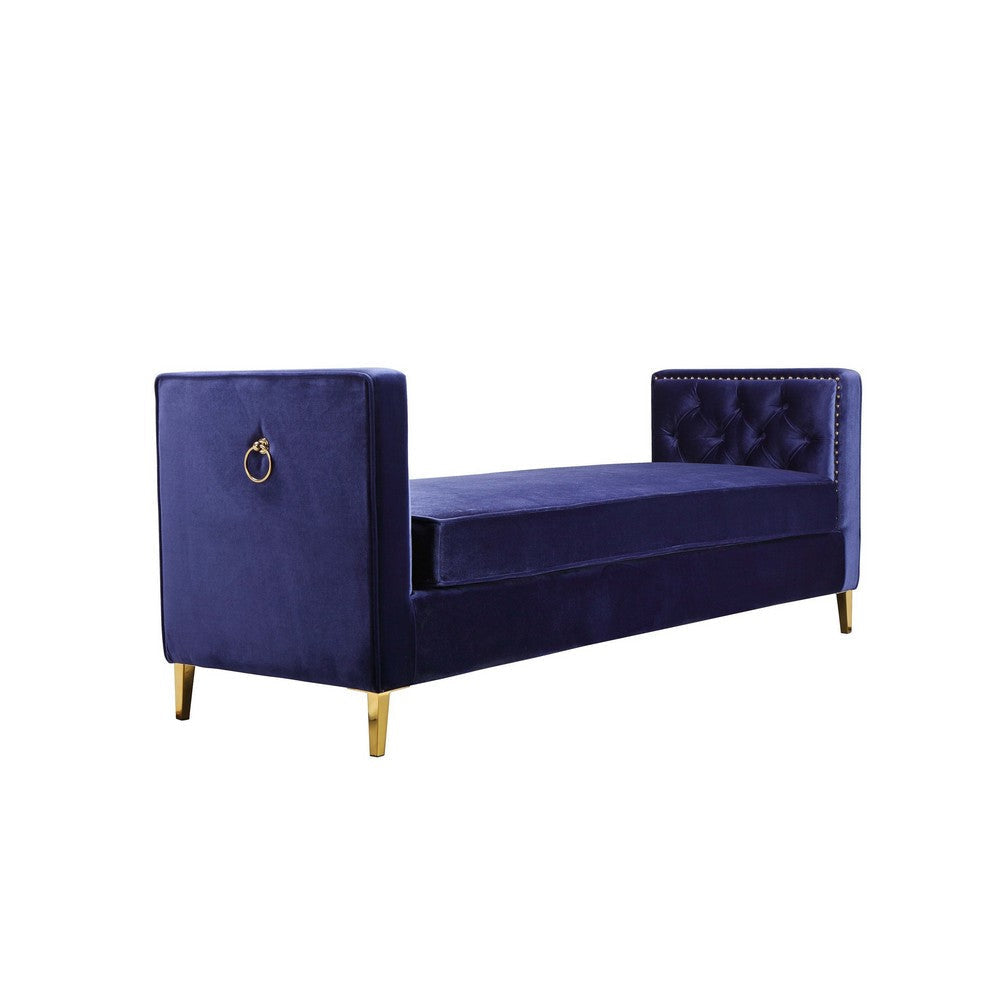 Vien 71 Inch Accent Bench, Navy Tufted Velvet, Nailhead Gold Polished Steel By Casagear Home