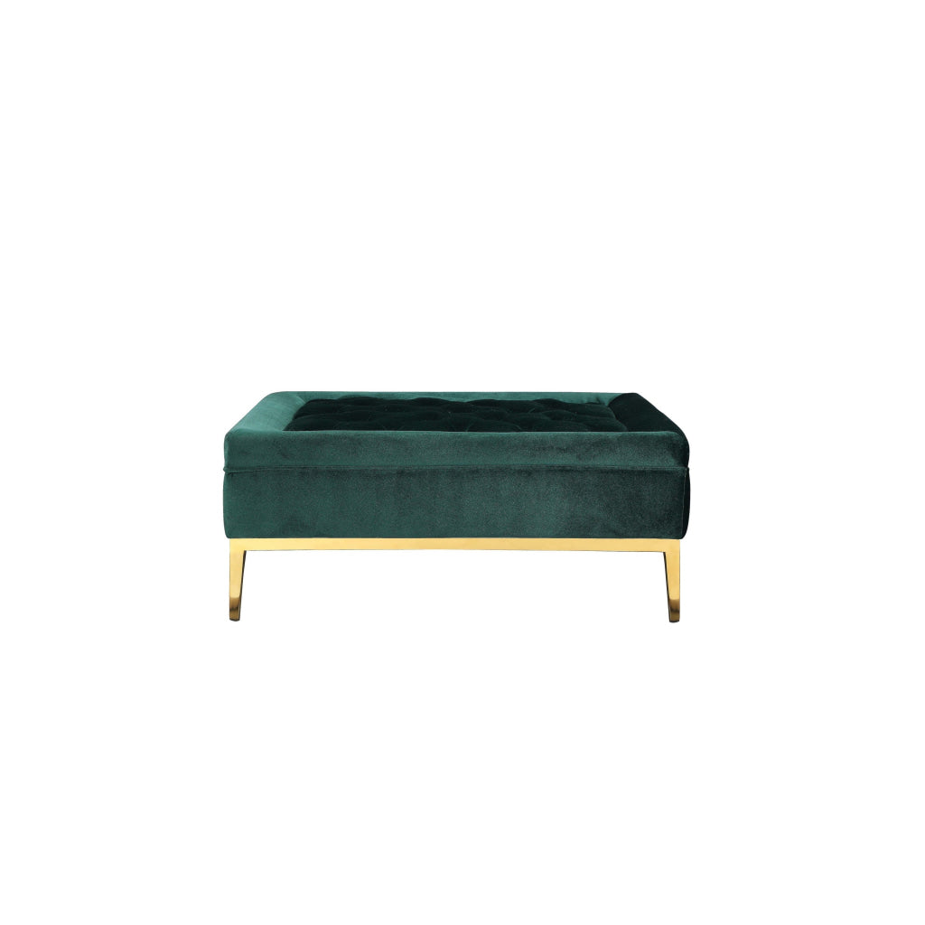 Vien 37 Inch Accent Ottoman Square Green Tuft Velvet Gold Polished Steel By Casagear Home BM317124