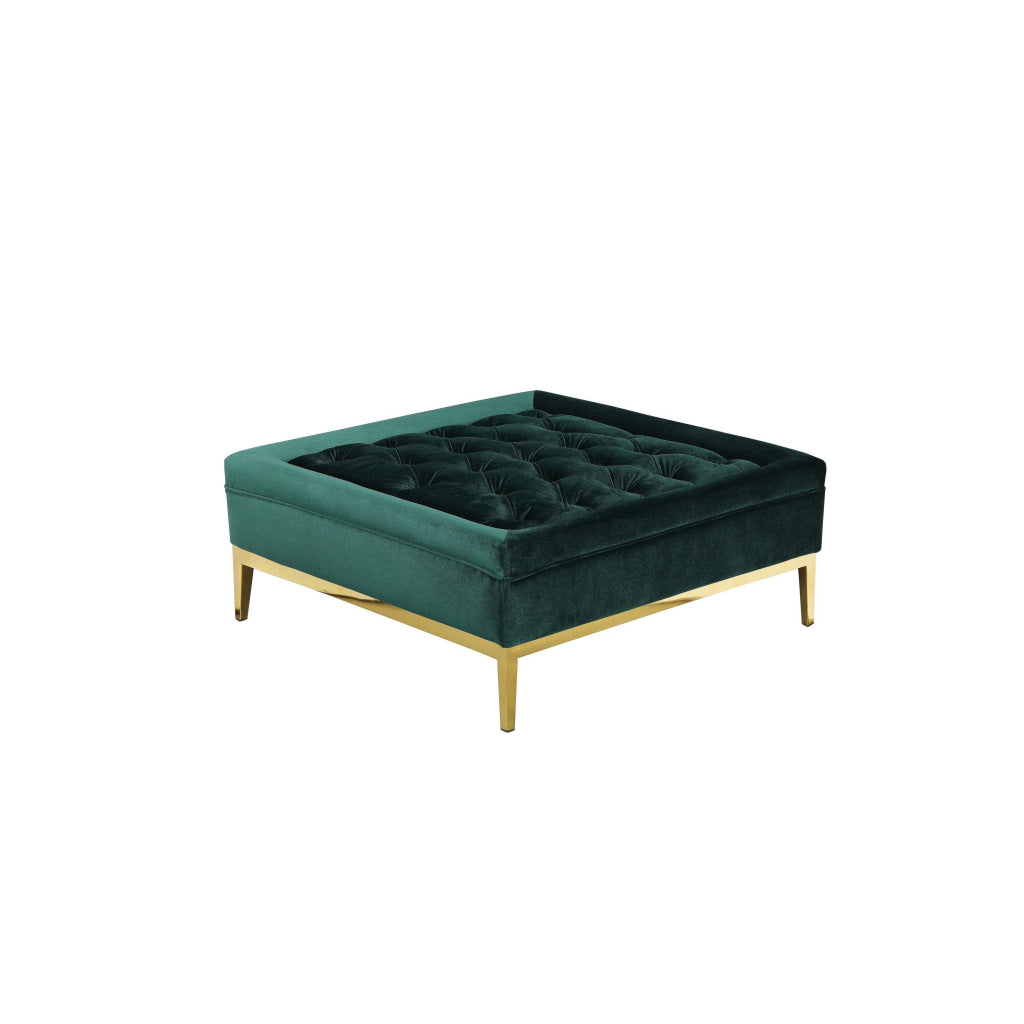 Vien 37 Inch Accent Ottoman Square Green Tuft Velvet Gold Polished Steel By Casagear Home BM317124