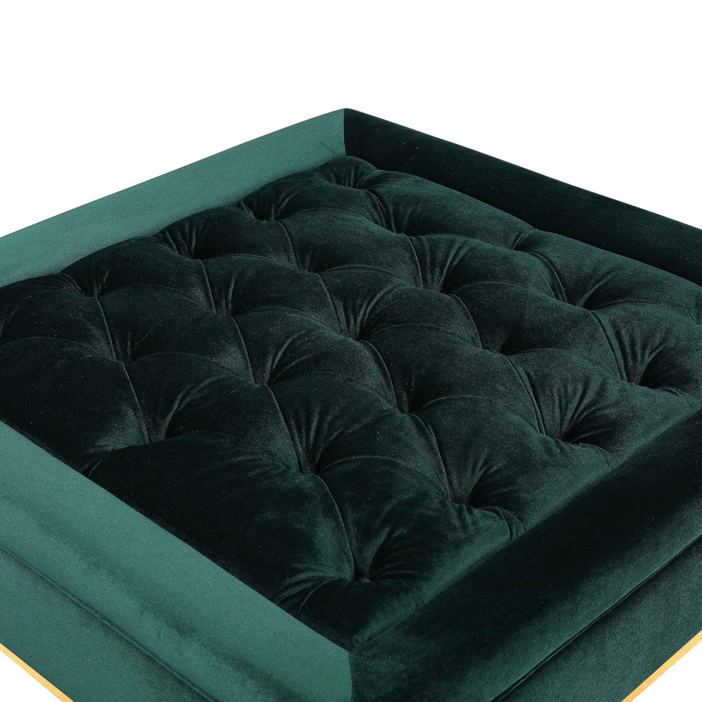 Vien 37 Inch Accent Ottoman Square Green Tuft Velvet Gold Polished Steel By Casagear Home BM317124