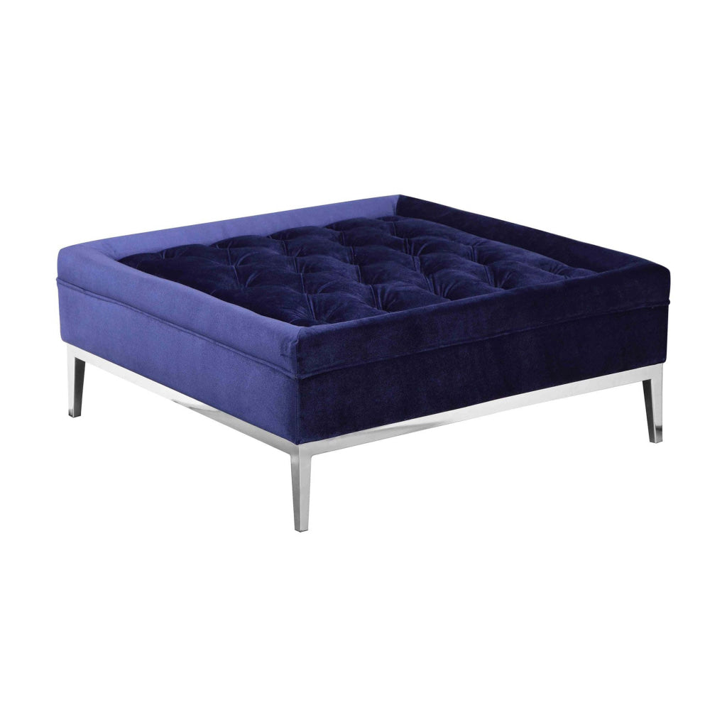 Vien 37 Inch Accent Ottoman, Square, Navy Tufted Velvet Gold Polished Steel By Casagear Home