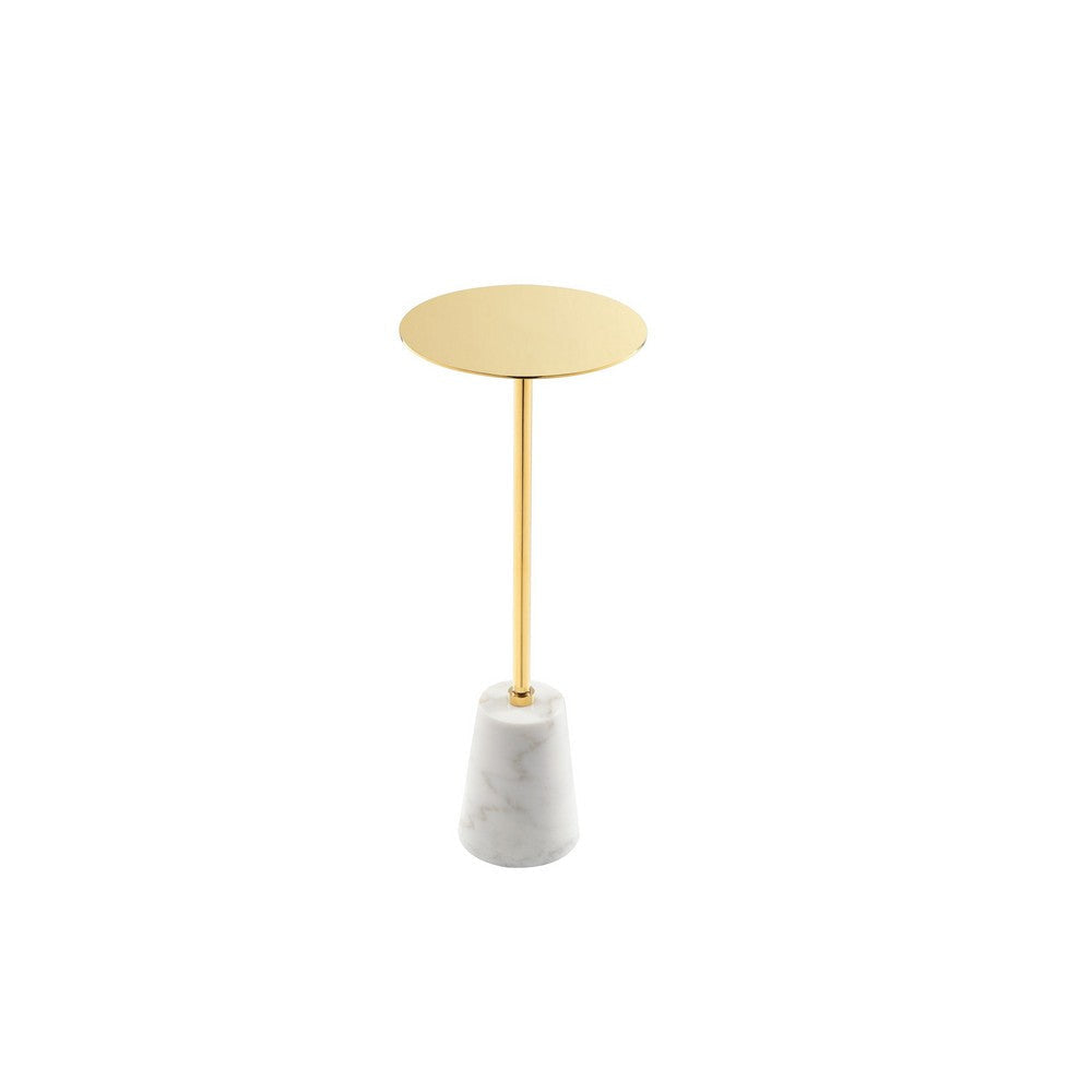 Sen 8 Inch Side End Drink Table Round White Genuine Marble Gold Finish By Casagear Home BM317126