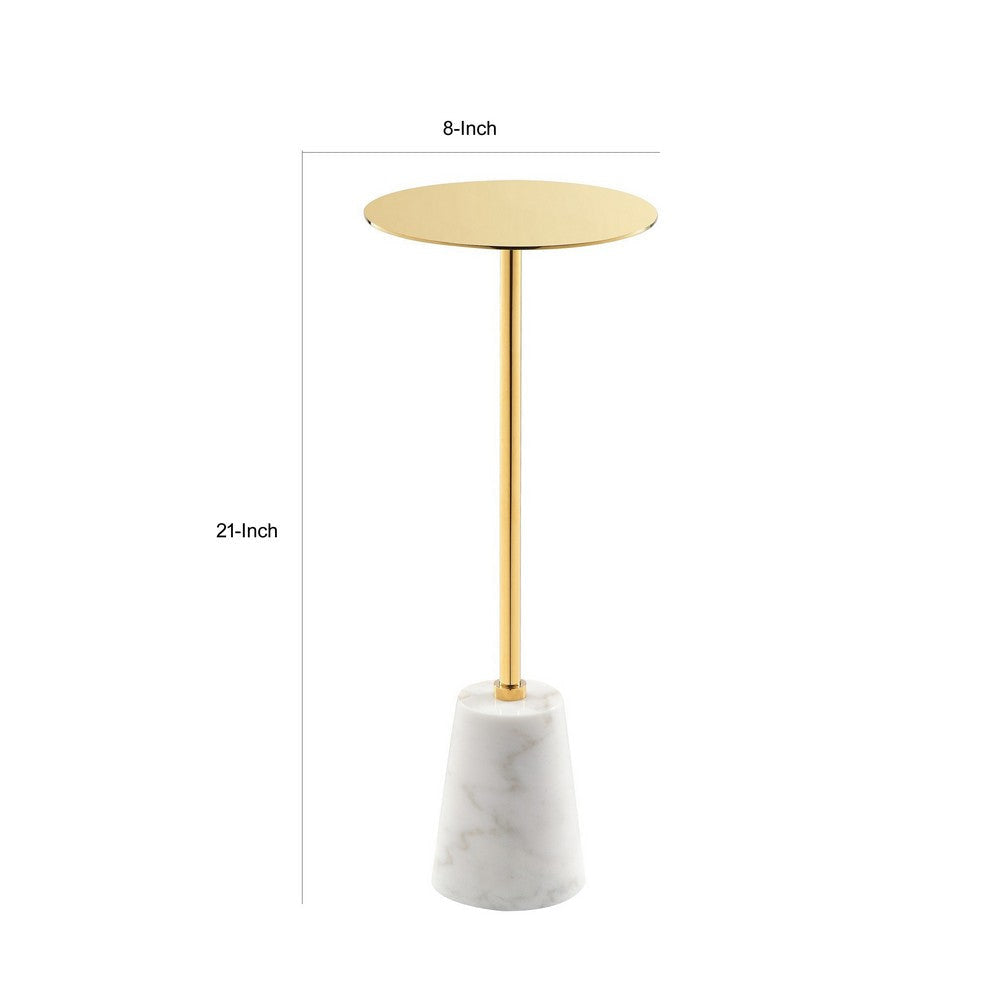 Sen 8 Inch Side End Drink Table Round White Genuine Marble Gold Finish By Casagear Home BM317126