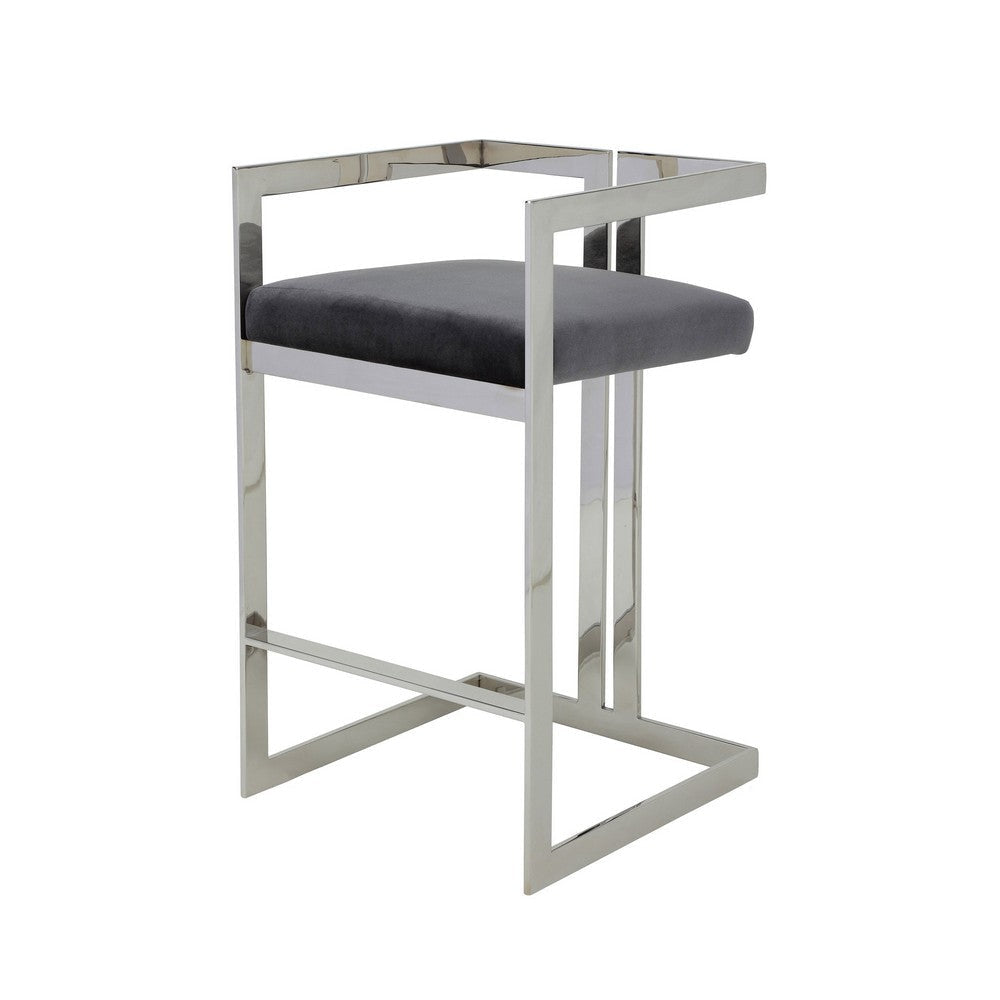 Suki 30 Inch Barstool Chair Gray Velvet Seat Silver Stainless Steel By Casagear Home BM317151