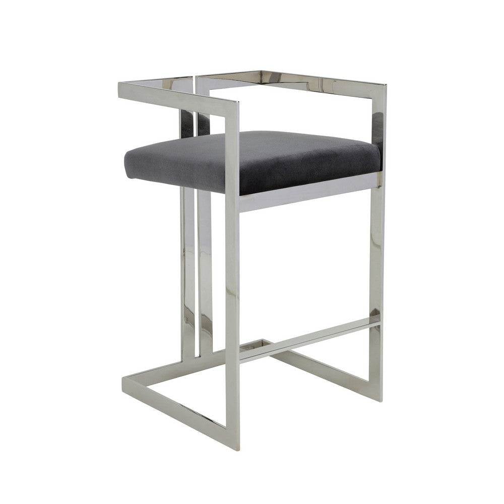 Suki 30 Inch Barstool Chair, Gray Velvet Seat, Silver Stainless Steel By Casagear Home