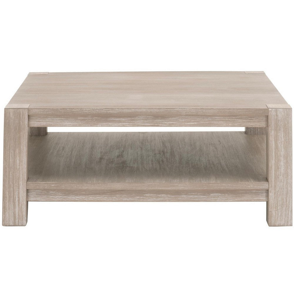 Gima 42 Inch Square Coffee Table Solid Beechwood Top and Shelf Gray By Casagear Home BM317168