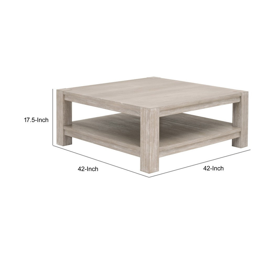 Gima 42 Inch Square Coffee Table Solid Beechwood Top and Shelf Gray By Casagear Home BM317168