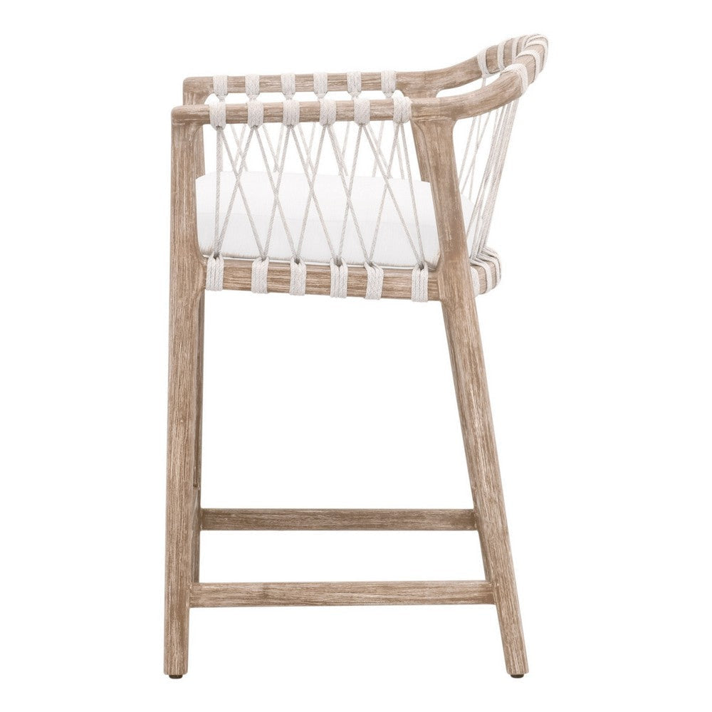 Fiu 27 Inch Counter Stool Chair Natural Wood Woven Rope White Olefin By Casagear Home BM317170