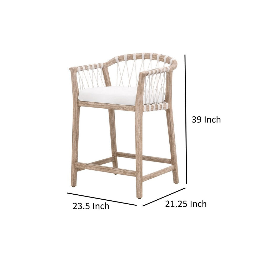 Fiu 27 Inch Counter Stool Chair Natural Wood Woven Rope White Olefin By Casagear Home BM317170