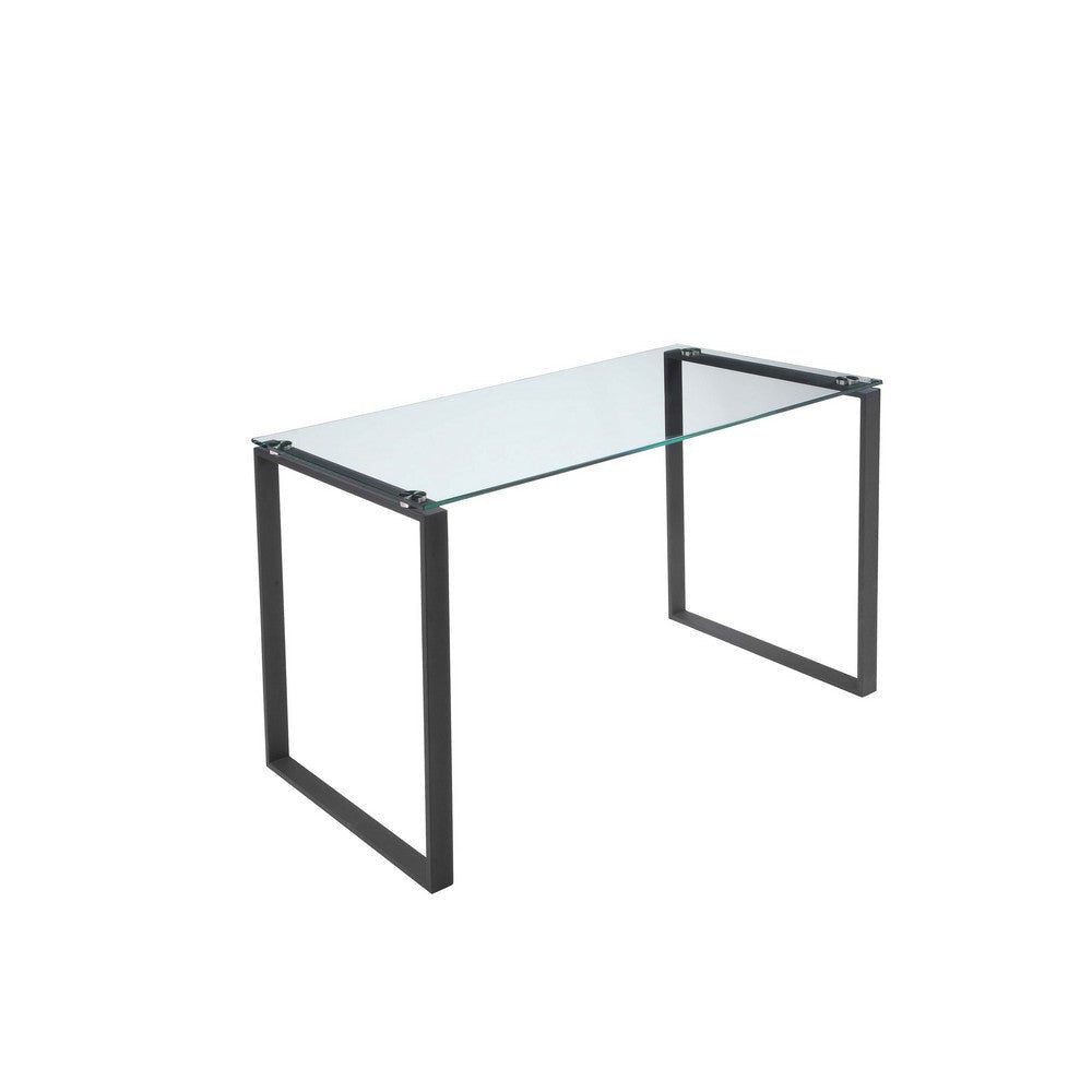 Elen 47 Inch Desk Rectangular Tempered Glass Black Powder Coated Metal By Casagear Home BM317175