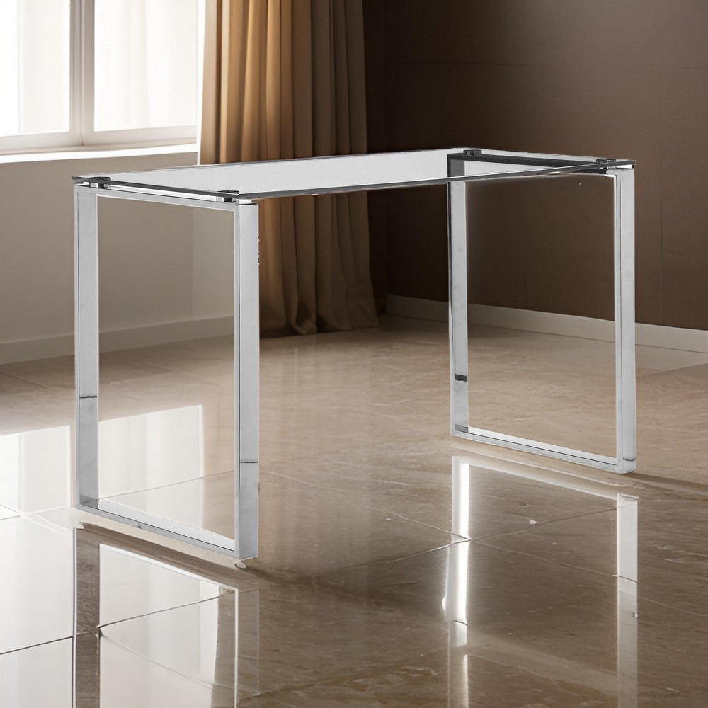 Elen 47 Inch Desk Rectangular Tempered Glass Top High Polished Steel By Casagear Home BM317176