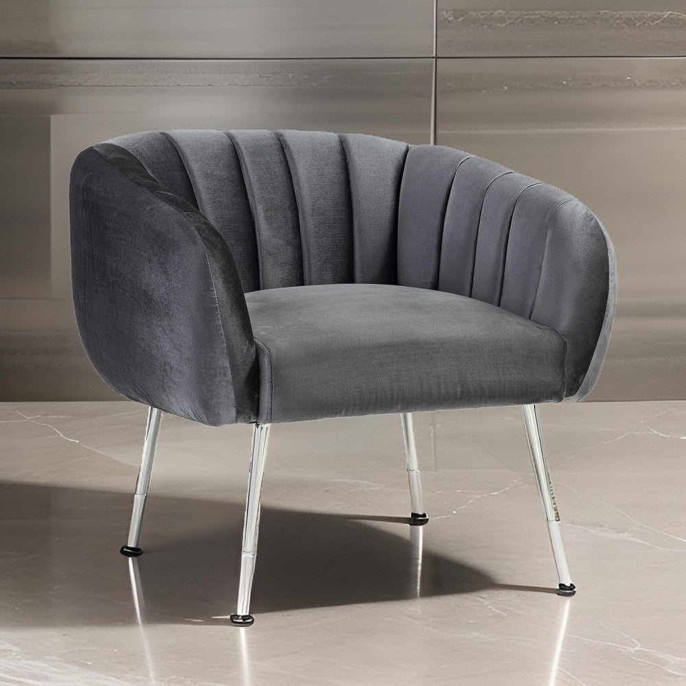 Lida 34 Inch Accent Chair Gray Channel Tufted Velvet Tapered Metal Legs By Casagear Home BM317178