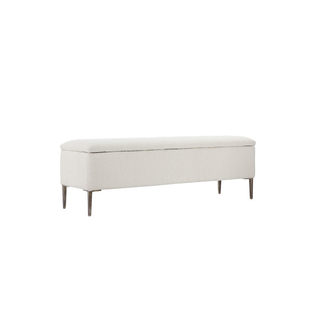 Kia 57 Inch Storage Bench, White Tufted Boucle Fabric, Brown Wood Frame By Casagear Home