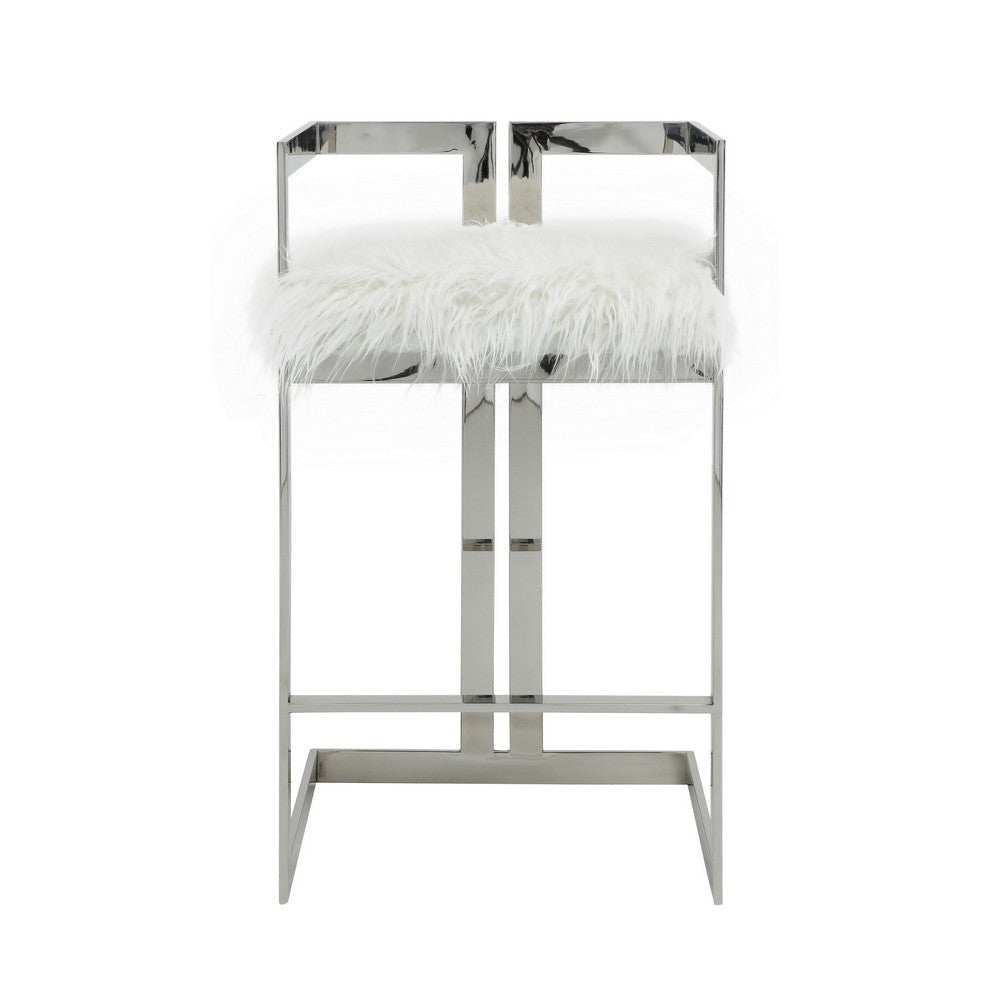 Suki 30 Inch Barstool Chair White Faux Fur Silver Stainless Steel Frame By Casagear Home BM317185