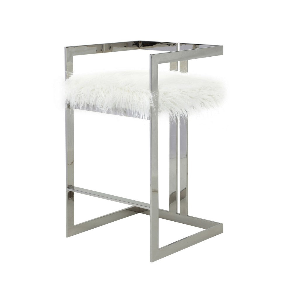 Suki 30 Inch Barstool Chair White Faux Fur Silver Stainless Steel Frame By Casagear Home BM317185