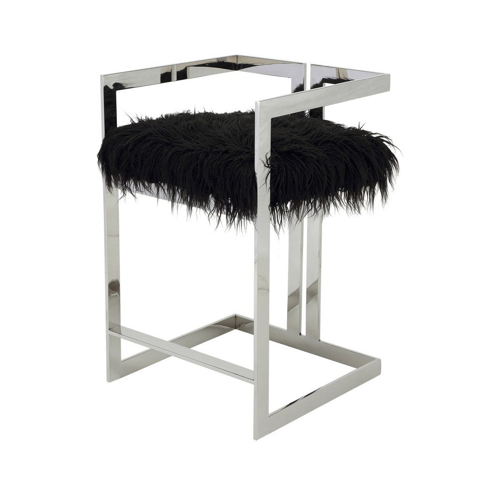 Suki 26 Inch Counter Stool Chair Black Faux Fur Silver Stainless Steel By Casagear Home BM317187