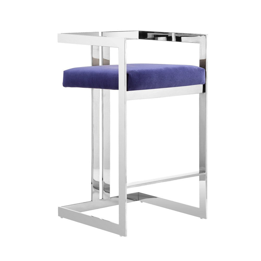 Suki 26 Inch Counter Stool Chair, Navy Velvet, Silver Stainless Steel Frame By Casagear Home