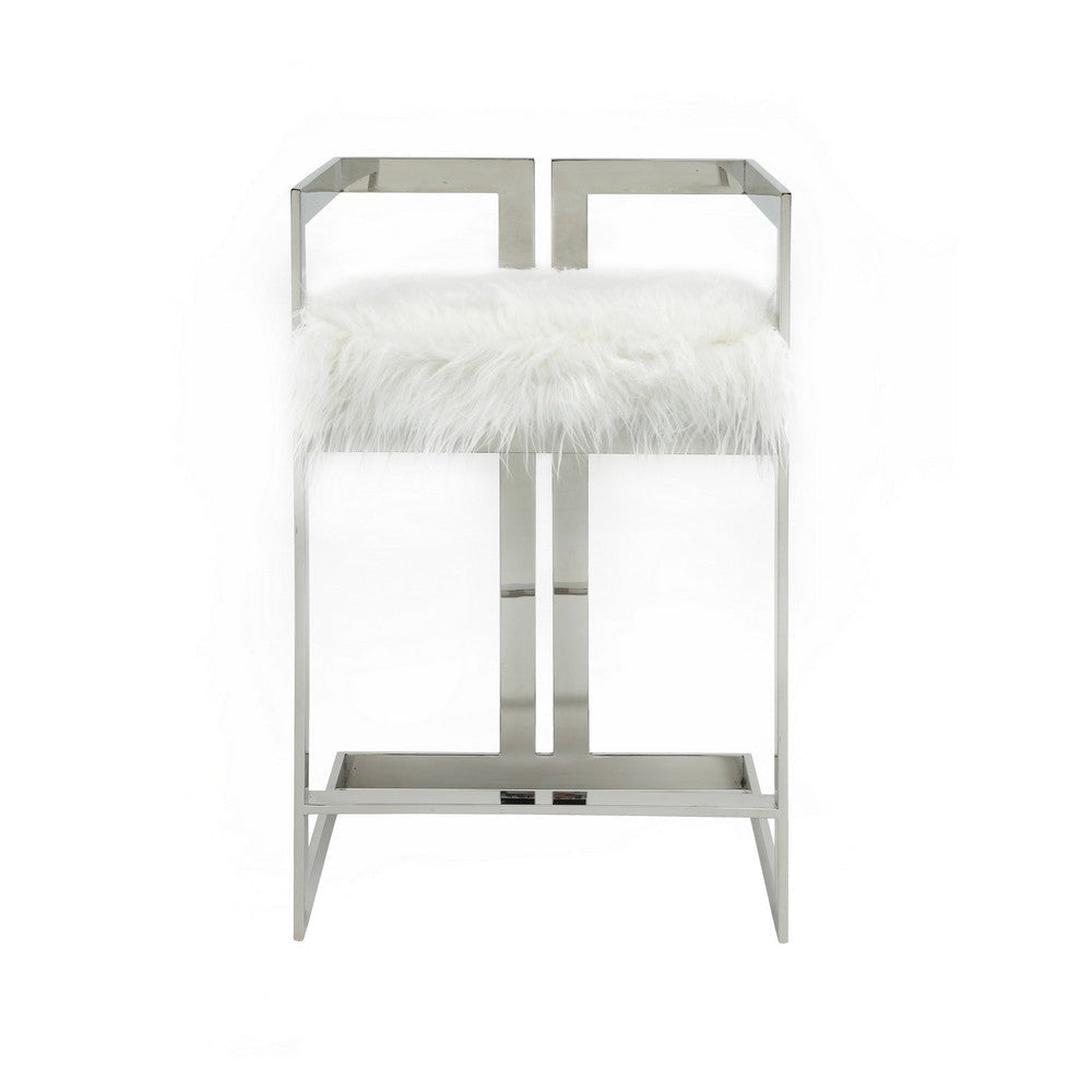 Suki 26 Inch Counter Stool Chair White Faux Fur Silver Stainless Steel By Casagear Home BM317191