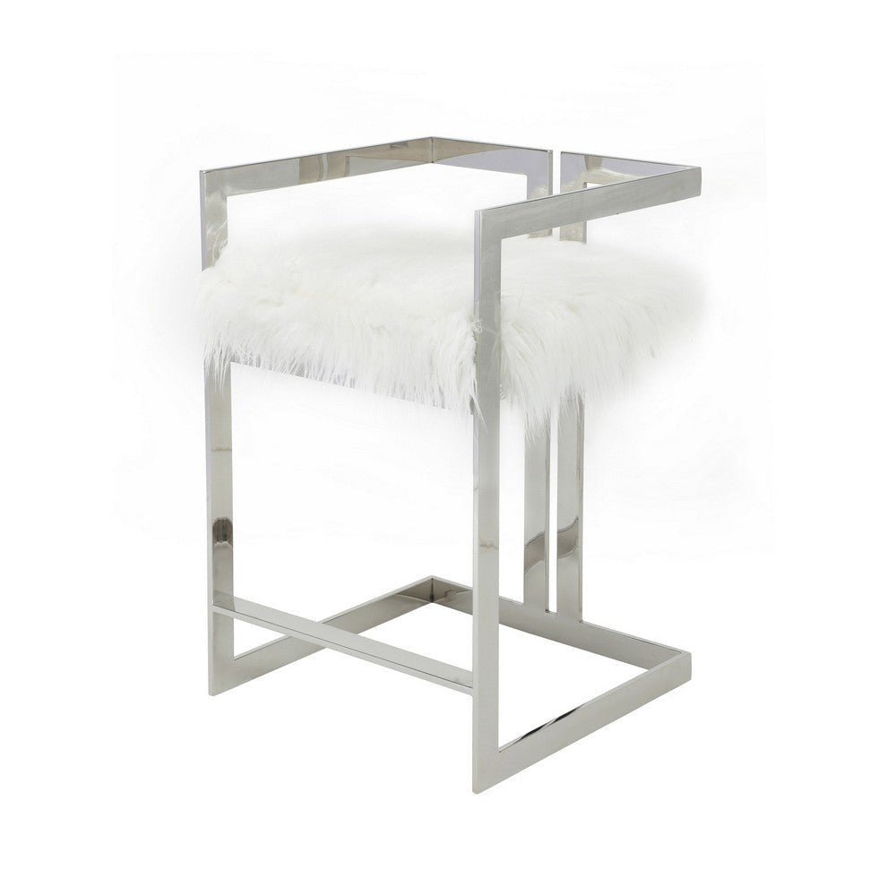 Suki 26 Inch Counter Stool Chair White Faux Fur Silver Stainless Steel By Casagear Home BM317191