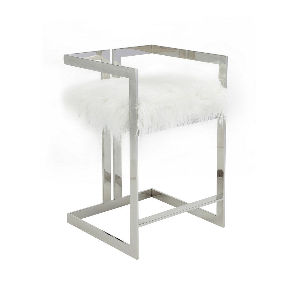 Suki 26 Inch Counter Stool Chair, White Faux Fur, Silver Stainless Steel By Casagear Home