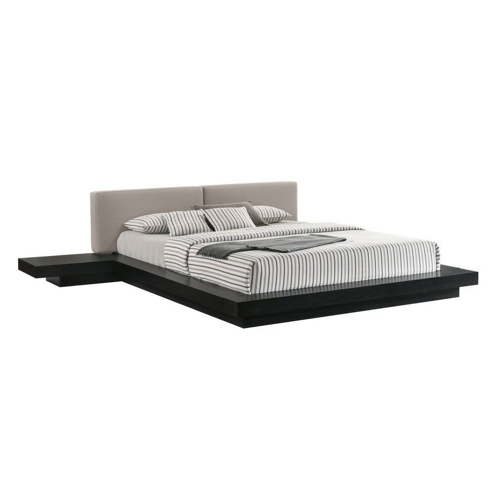 Nia Queen Size Bed, Gray Faux Leather, Black Layered Low Profile Frame By Casagear Home