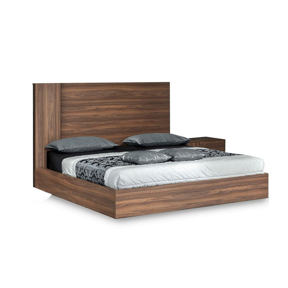 Noe Zid King Size Bed with Tall Headboard, Low Profile, Brown Walnut Veneer By Casagear Home